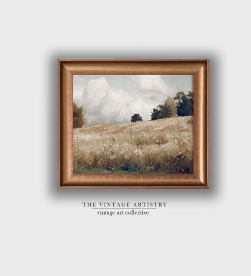 The Vintage Artistry Brown & White Wheat Field Canvas Wood Framed Paining Wall Art