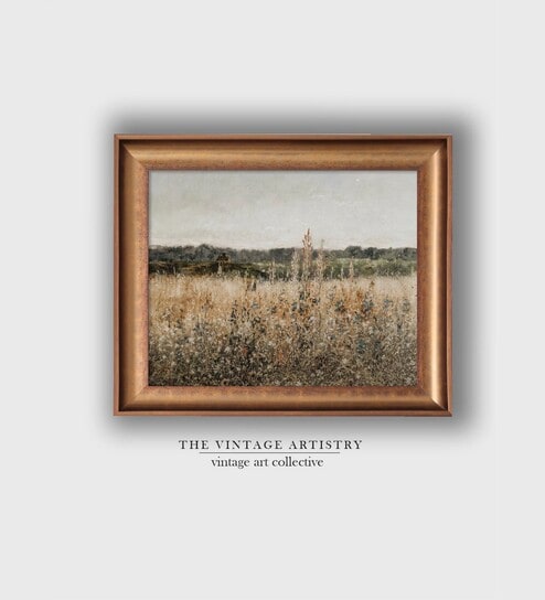 The Vintage Artistry Brown & Yellow Landscape Meadow Printed Framed Wall Painting