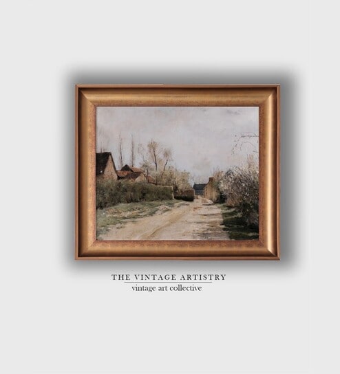 The Vintage Artistry Brown Narrow Landscape Farmhouse Canvas Painting With Frame