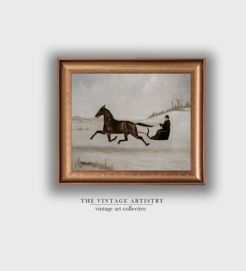 The Vintage Artistry Gold-Toned & White Antique Horse Lithograph Printed Framed Wall Art