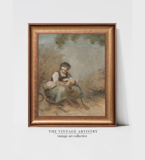 The Vintage Artistry Green & Brown Young Peasant Woman Sitting On A Rock Painting Wall Art