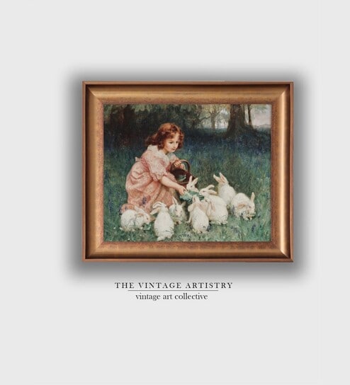 The Vintage Artistry Green & Peach-Coloredgirl Feeding Rabbits Painting Wall Art
