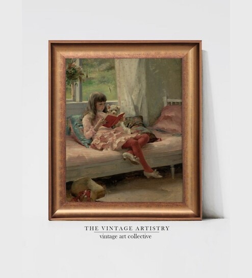The Vintage Artistry Green & Pink Girl Reading Painting Wall Art