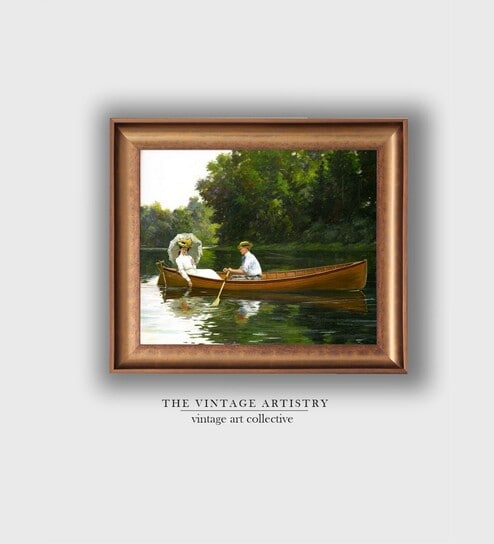 The Vintage Artistry Green Antique Portrait Couple Rowing Boat Painting Wall Art