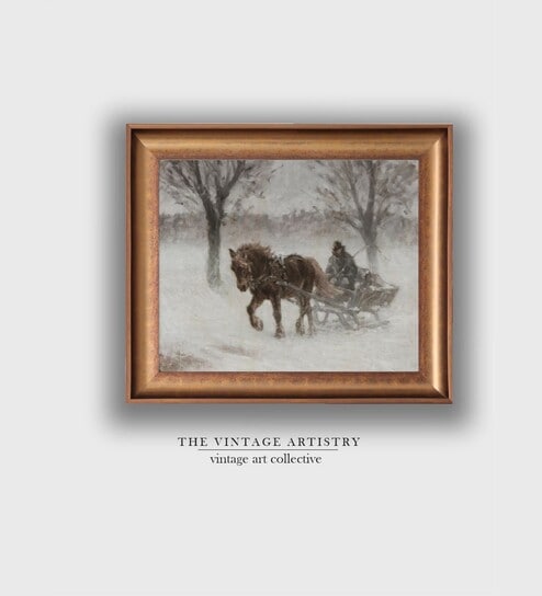 The Vintage Artistry Grey & White Country Winter Sleigh Ride Printed Framed Wall Painting