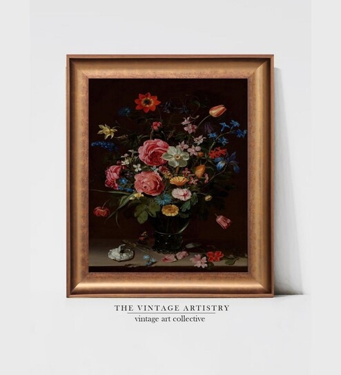 The Vintage Artistry Pink & Gold-Toned Still Life Bouquet Of Flowers Painted Wall Art