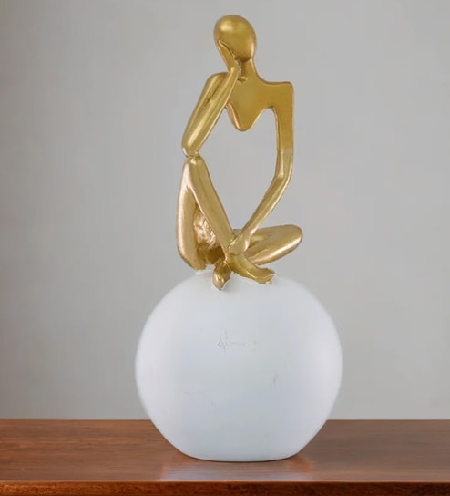 Thinking Lady Figurine- White | Golden and Off White Finish | Resin Material | On Base used Felt for Grip and Table Protect | Ideal for Table Decor and Shelves Showpiece