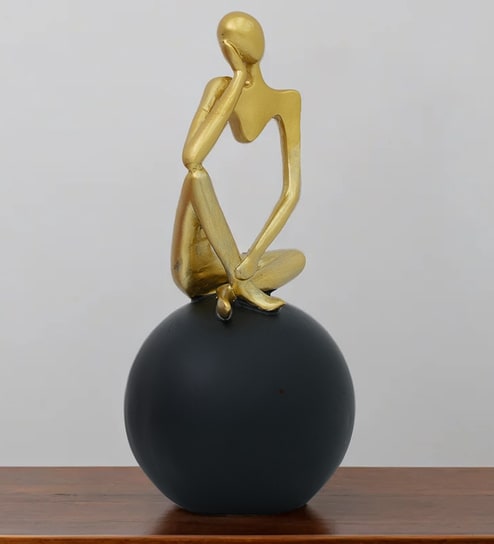 Thinking Lady Figurine-Black | Golden and Black Finish | Resin Material | On Base used Felt for Grip and Table Protect | Ideal for Table Decor and Shelves Showpiece