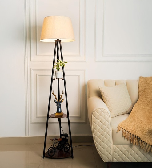 Three Shelves Floor Lamp Black Polished 5 Feet Height with 16  Diameter Off White Shade