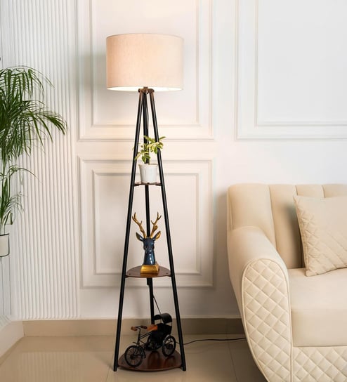 Three Shelves Floor Lamp Black Polished Finish 5 Feet Height with 14  Diameter Off White Drum Shade