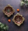 Square Terracotta Gold Diya Set (Pack Of 2)