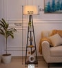 Three Shelves Floor Lamp Black Polished 5 Feet Height with 16  Diameter Off White Shade