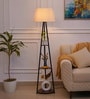 Three Shelves Floor Lamp Black Polished 5 Feet Height with 16  Diameter Off White Shade