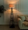 Three Shelves Floor Lamp Black Polished Finish 5 Feet Height with 14  Diameter Off White Drum Shade