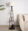Three Shelves Floor Lamp Black Polished Finish 5 Feet Height with 14  Diameter Off White Drum Shade
