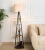 Three Shelves Floor Lamp Black Polished Finish 5 Feet Height with 14  Diameter Off White Drum Shade