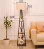 Three Shelves Floor Lamp Black Polished Finish 5 Feet Height with 14  Diameter Off White Drum Shade