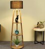 Genevieve Black Cotton Shade Shelf Floor Lamp With Mango wood Base