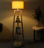 Ladder Gold Cotton Shade Shelf Floor Lamp With Mango wood Base