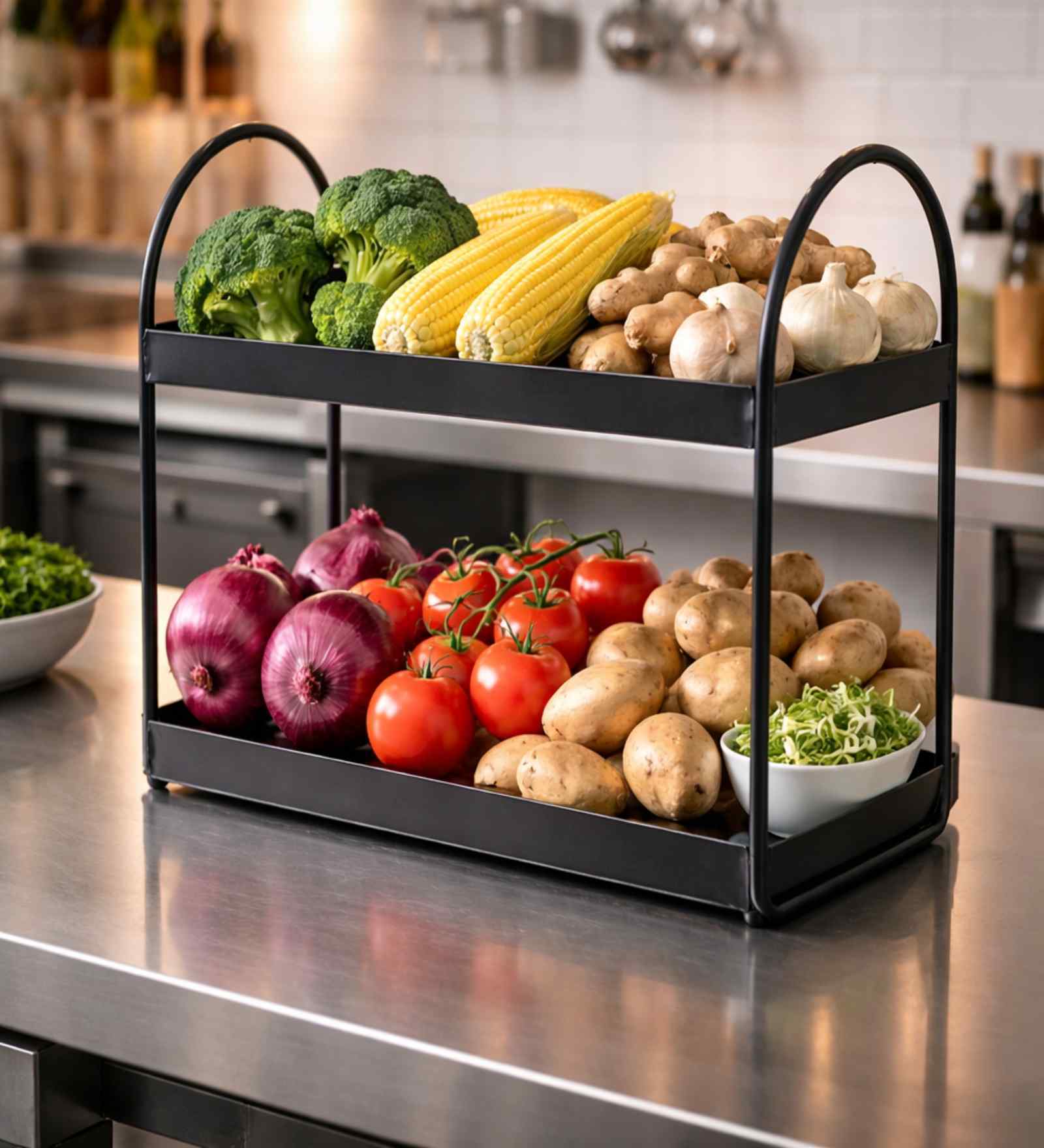 2-Tier Black Metal Countershelf Storage Rack