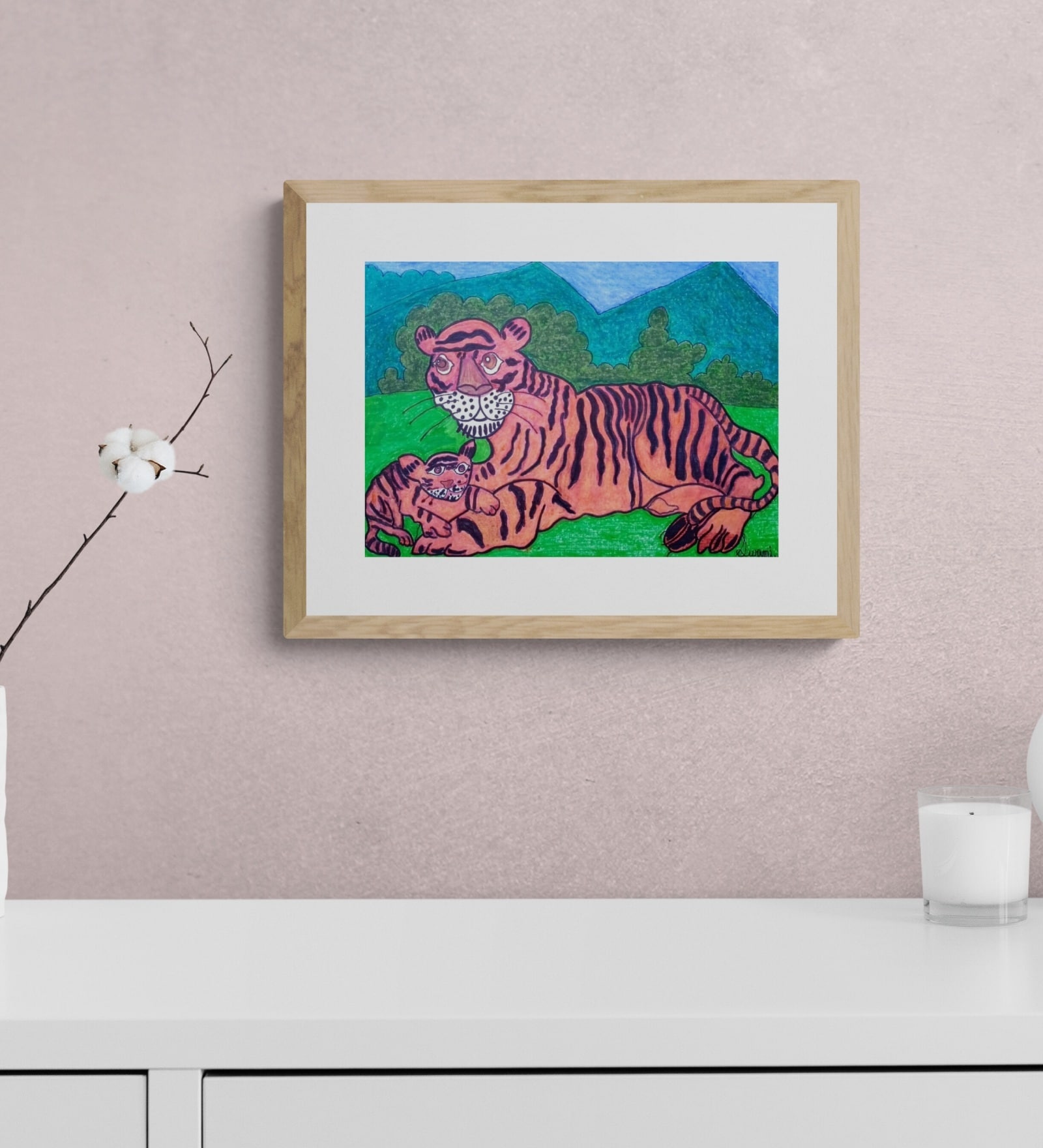 Tiger & Cub Handmade Oil Pastels On Unframed Canvas Painting