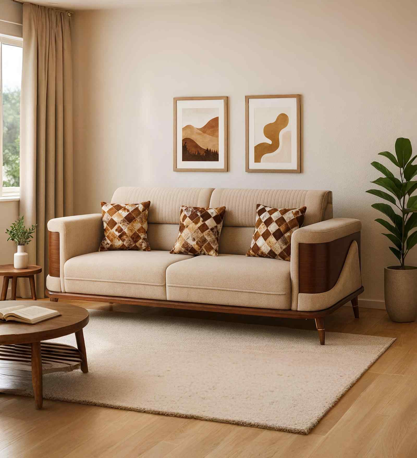 TimberElegance Fabric Three Seater Sofa in Beige Colour