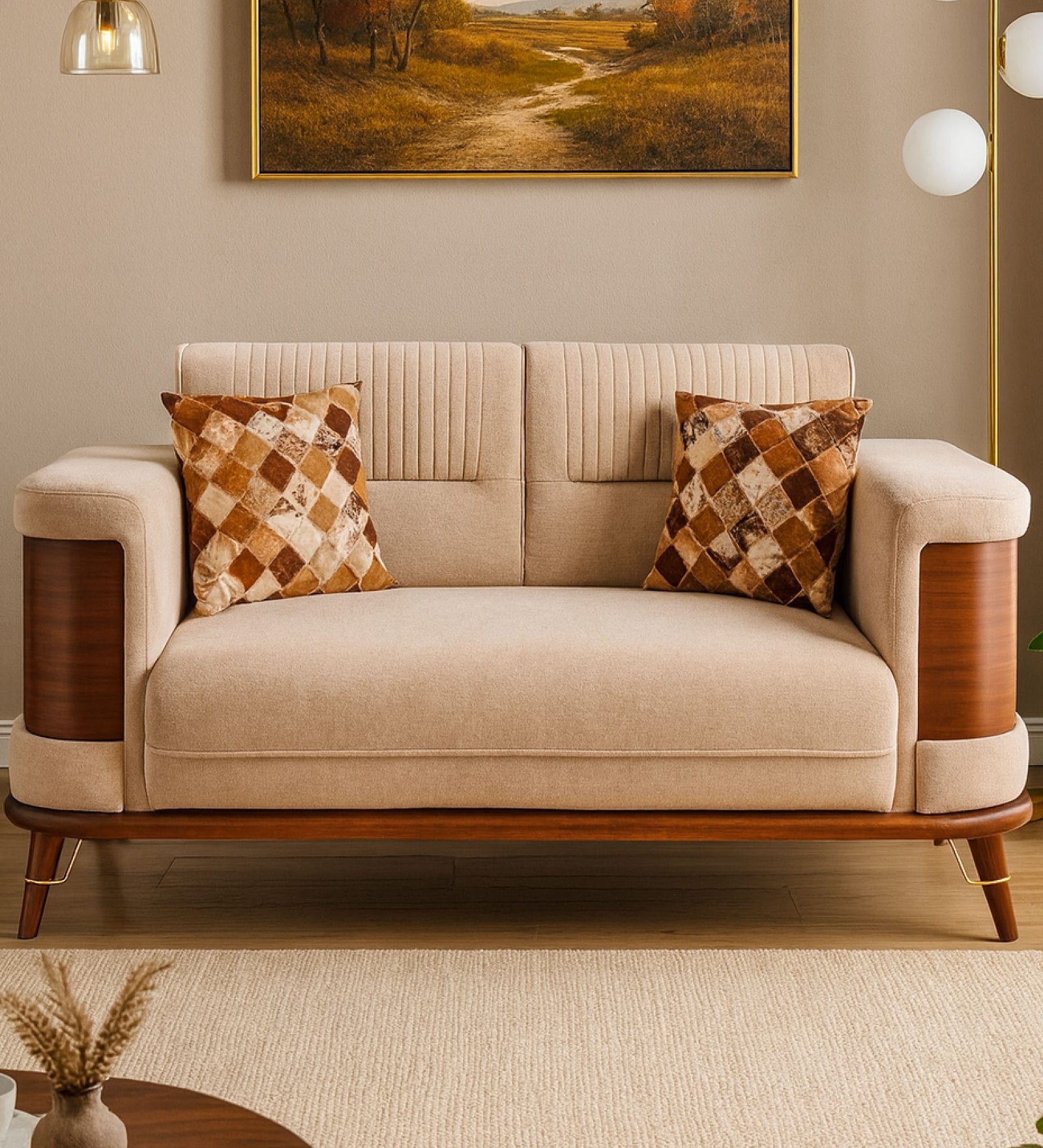 TimberElegance Fabric Two Seater Sofa in Beige Colour TimberElegance Fabric Two Seater Sofa in Beige Colour