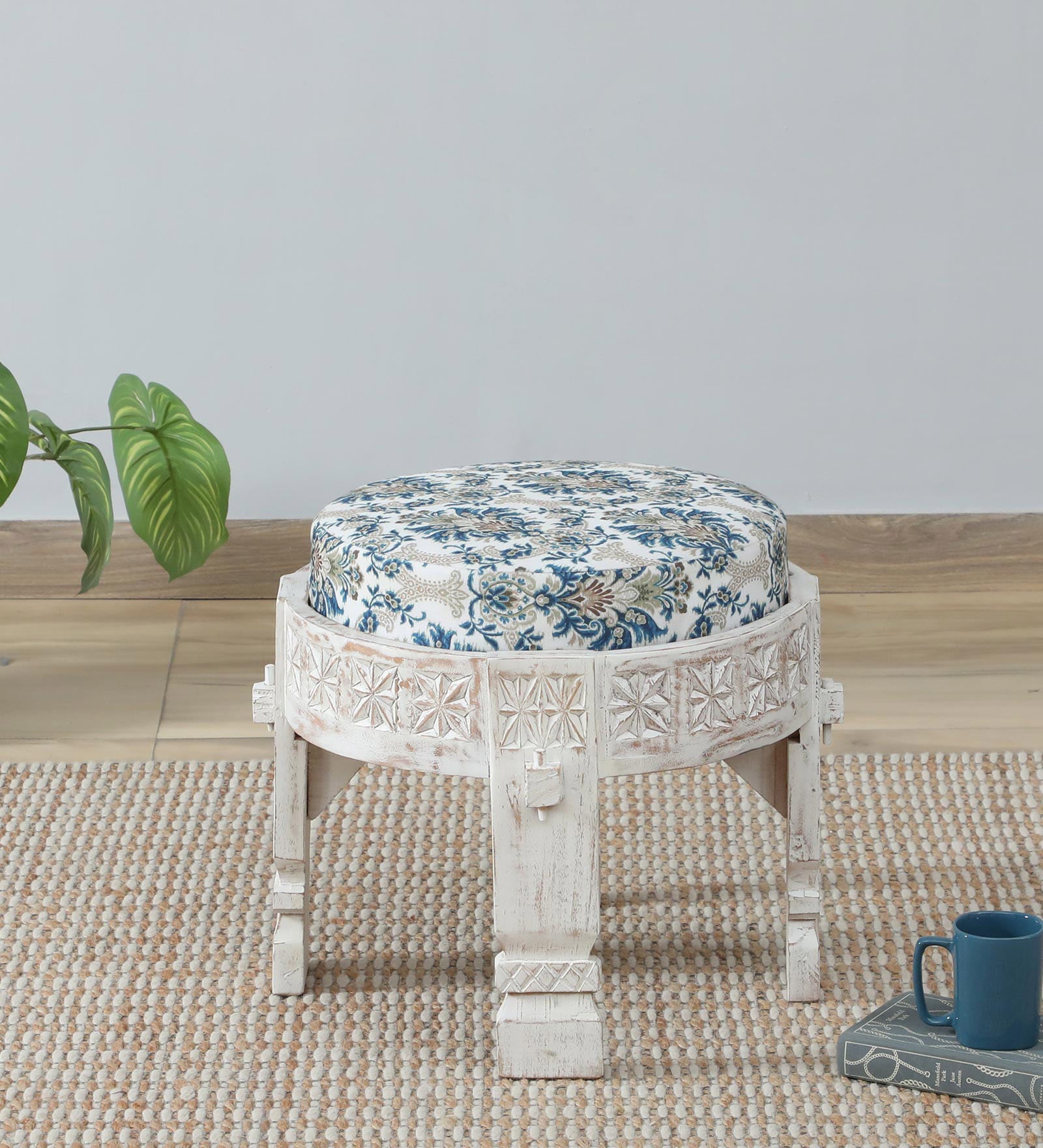 Timila Mango Wood Stool In White Distressed Finish