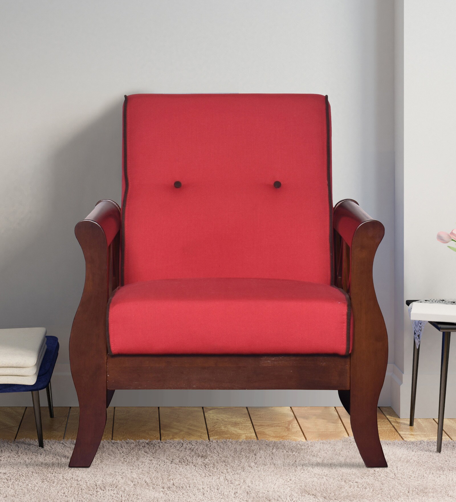 Tina 1 Seater Wooden Sofa in Red Colour Tina 1 Seater Wooden Sofa in Red Colour