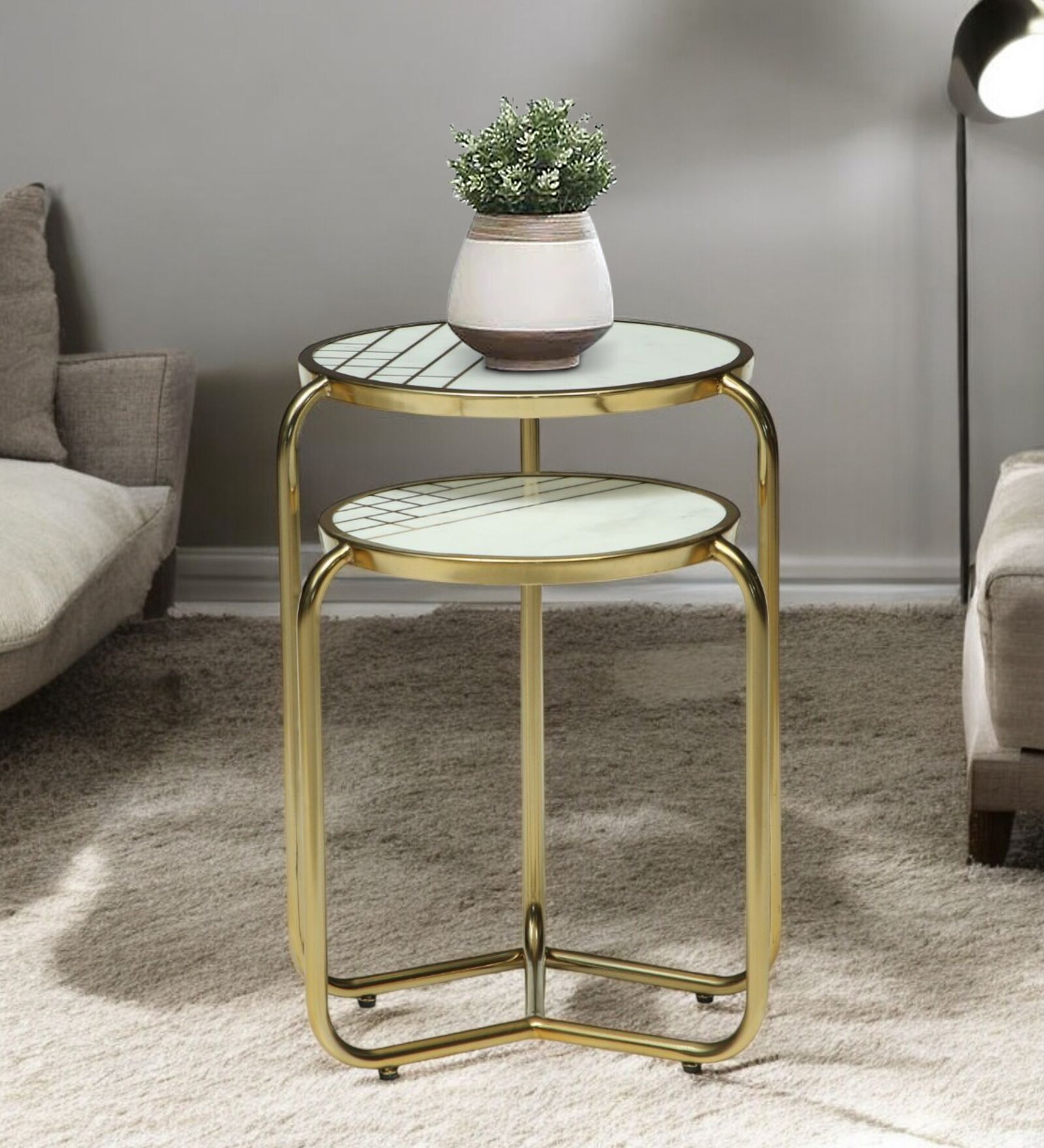 Tinto Metal Nest of Table In Gold Finish with Marble Top (Set of 2) Tinto Metal Nest of Table In Gold Finish with Marble Top (Set of 2)