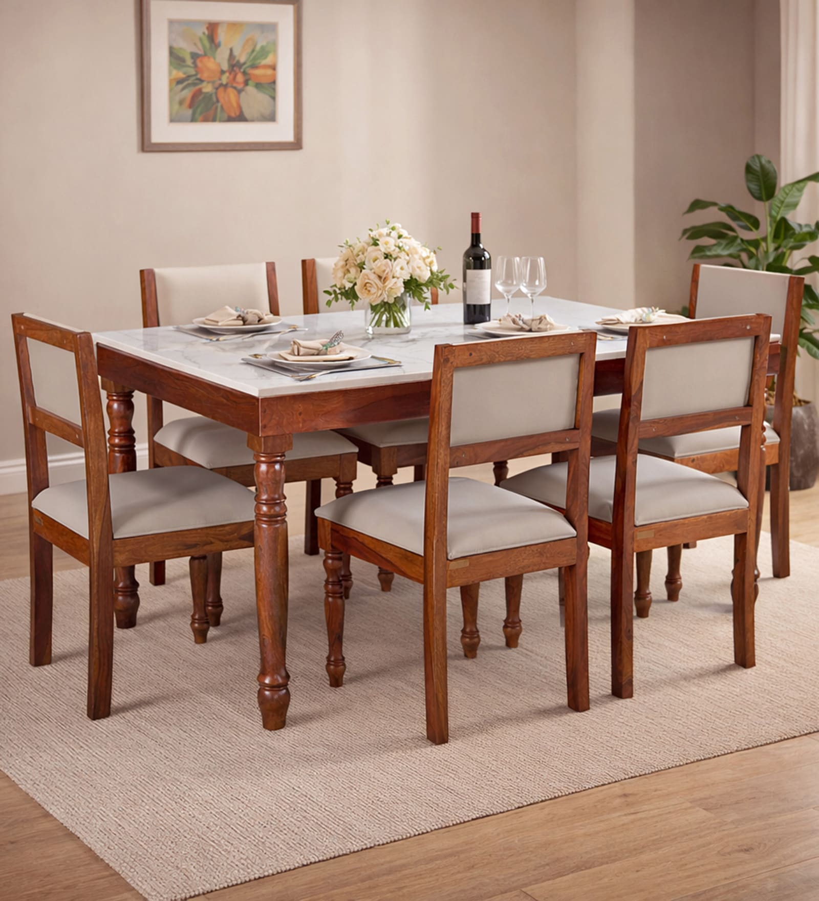 Tipton Sheesham Wood 6 Seater Dining Set in Honey Oak Finish