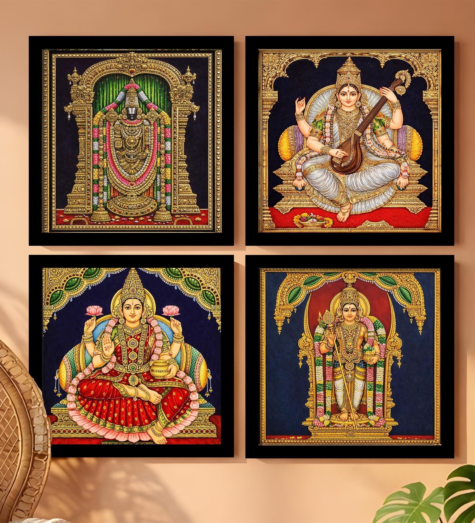 Tirupati, Lakshmi, Saraswati and Murugan Set of 4 Framed Posters