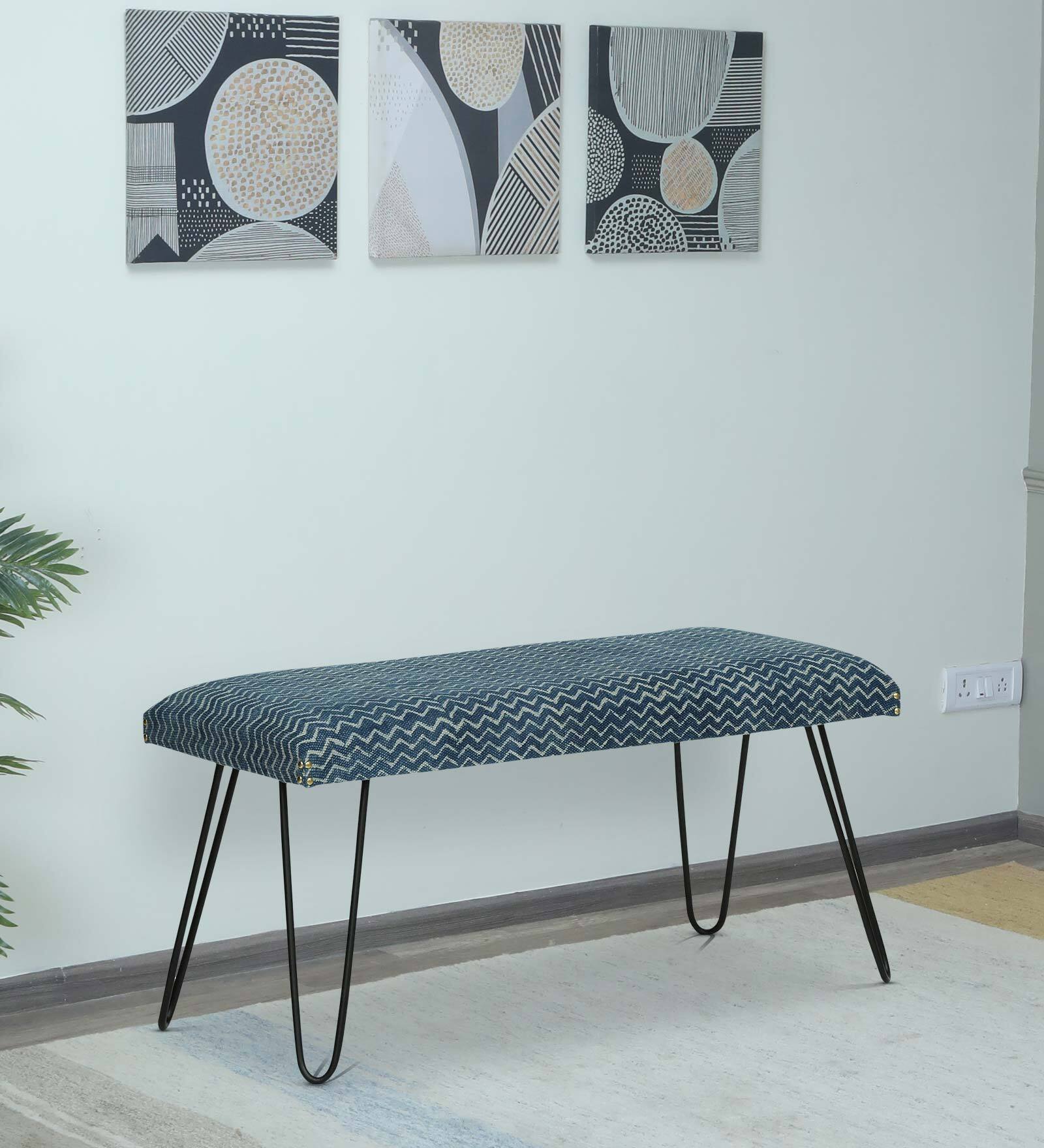 Titus Upholstered Metal Bench In Blue Colour