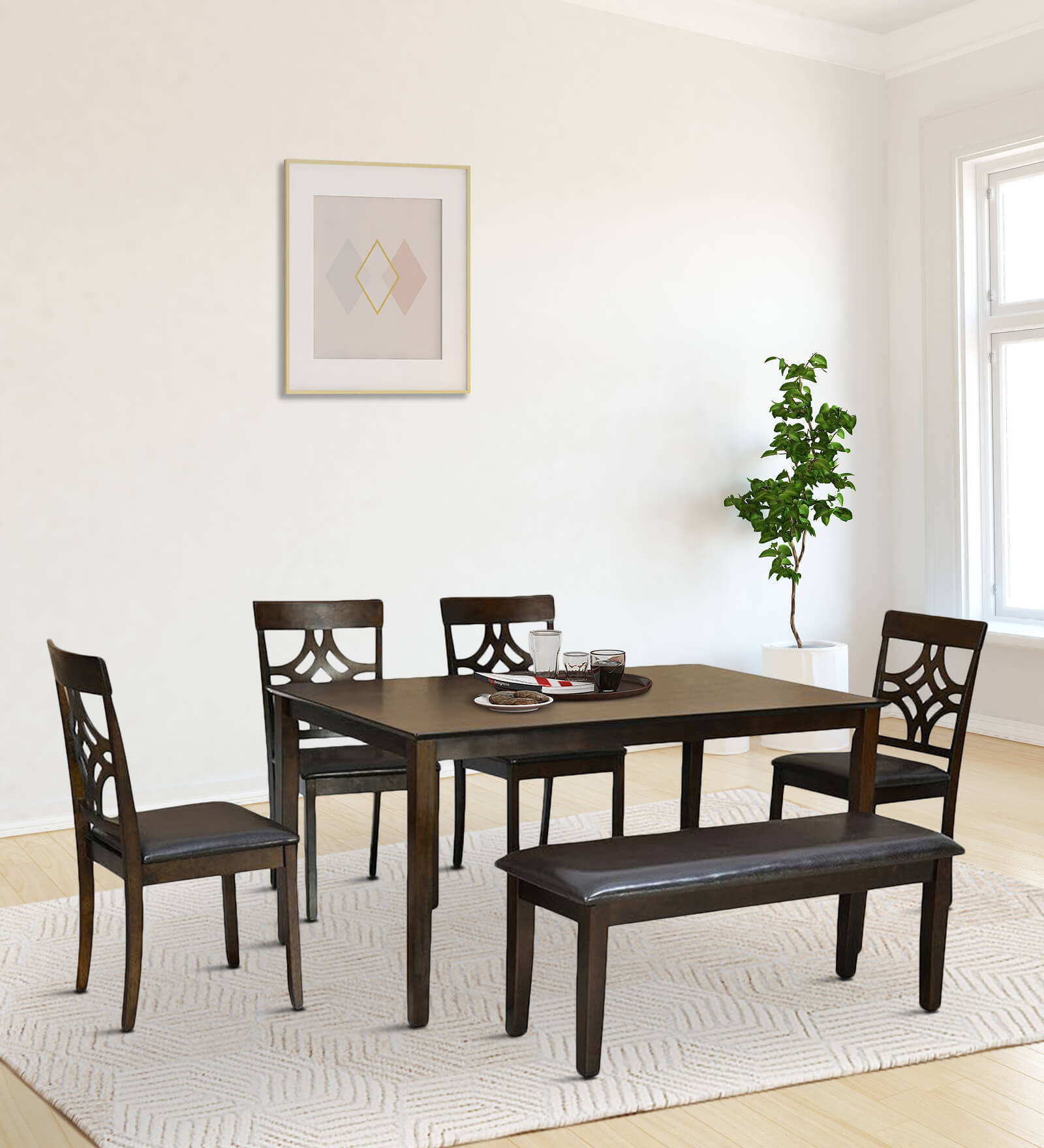 Buy Tivoli Solid Wood 6 Seater Dining Set with Bench in Brown Finish at ...