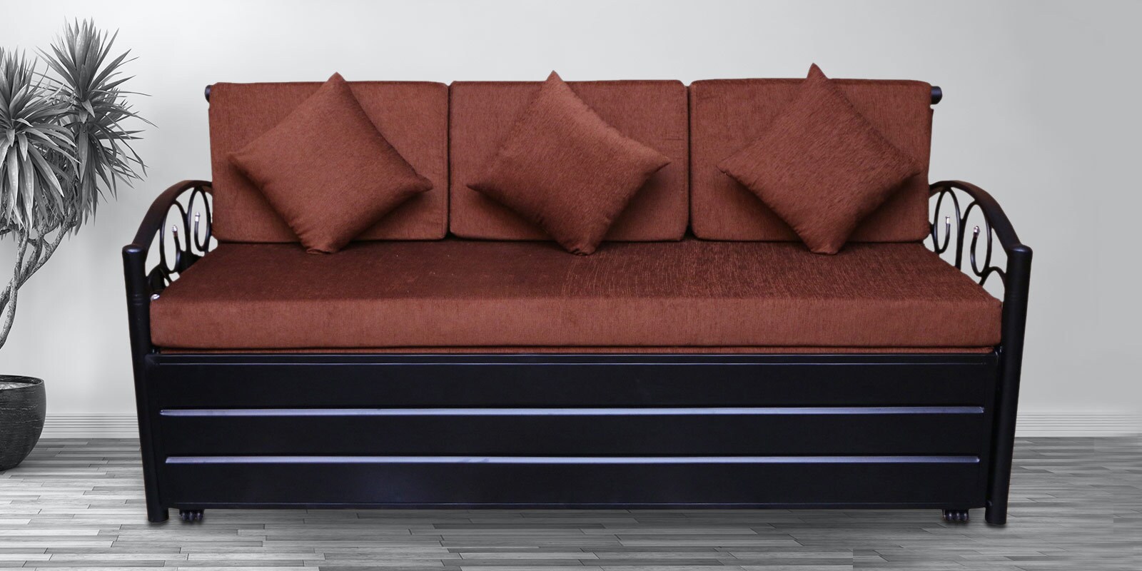Timlin Queen Size Pull-Out Sofa Cum Bed with Storage in Matte Black Finish