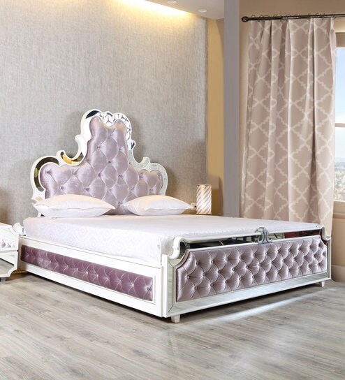 Tiara King Size Upholstered Hydraulic Storage Bed In Light Pink Colour With Duco Finsih By Furnitech