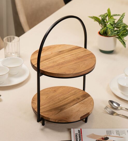 Tierra Multipurpose Serveware Acacia Wood & Metal 2-Tier Serving Stand