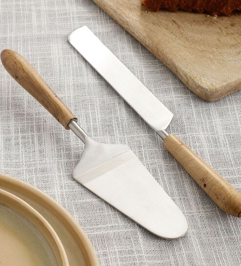 Timber Touch Natural Brown Wood Handle Stainless Steel Cake Server Set