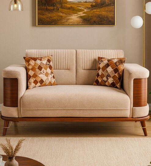 TimberElegance Fabric Two Seater Sofa in Beige Colour