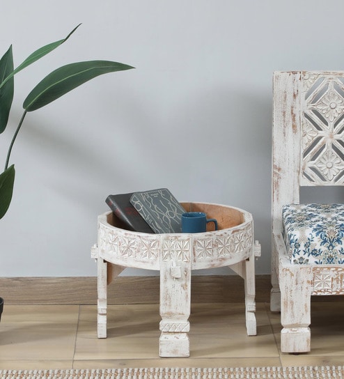 Timila Mango Wood End Table In White Distressed Finish
