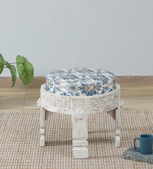 Timila Mango Wood Stool In White Distressed Finish