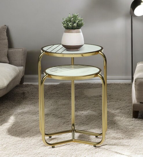 Tinto Metal Nest of Table In Gold Finish with Marble Top (Set of 2)