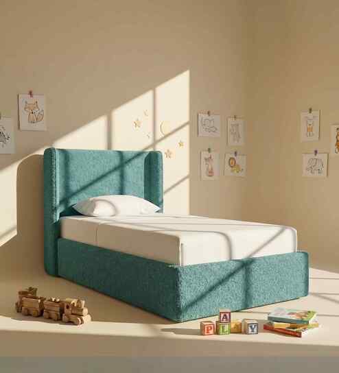 Tiny Haven Boucle Kids Twin Bed With Hydraulic Storage In Green Colour