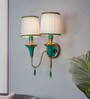 Tibetan Nepalese Double Funnel Wall Sconce with Pleated Shades and Green Stonework