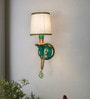 Tibetan Nepalese Single Funnel Wall Sconce with Pleated Shade and Green Stonework