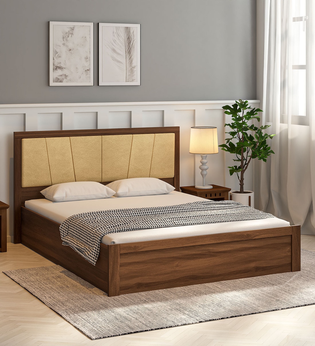 Buy Tomoko Upholstered Queen Size Bed in Walnut Finish with Hydraulic ...