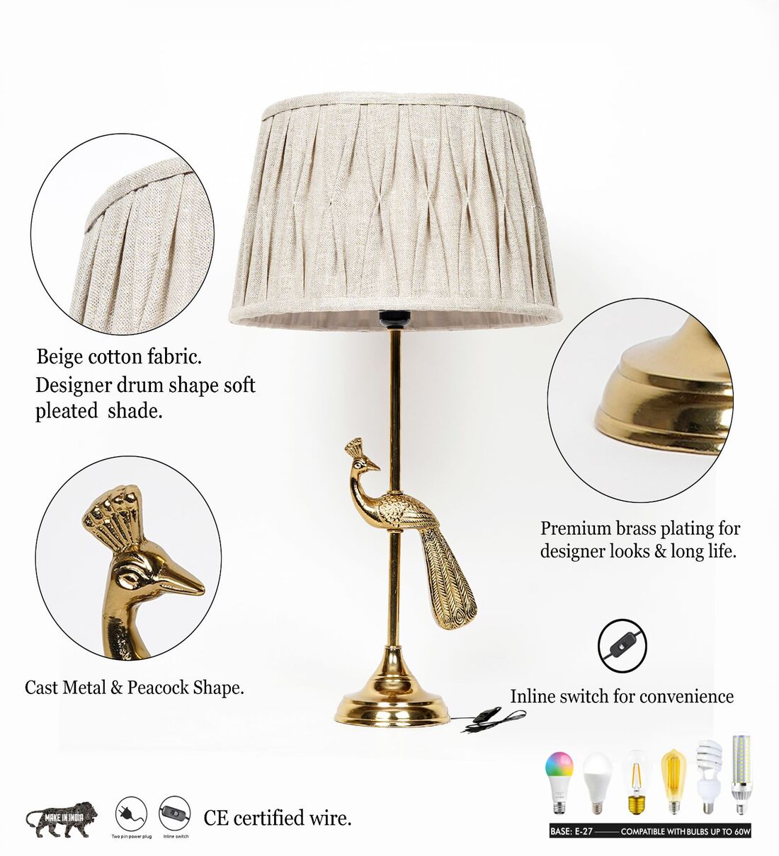 Torre Brass Finish Aluminium Table Lamp with Natural Linen Shade