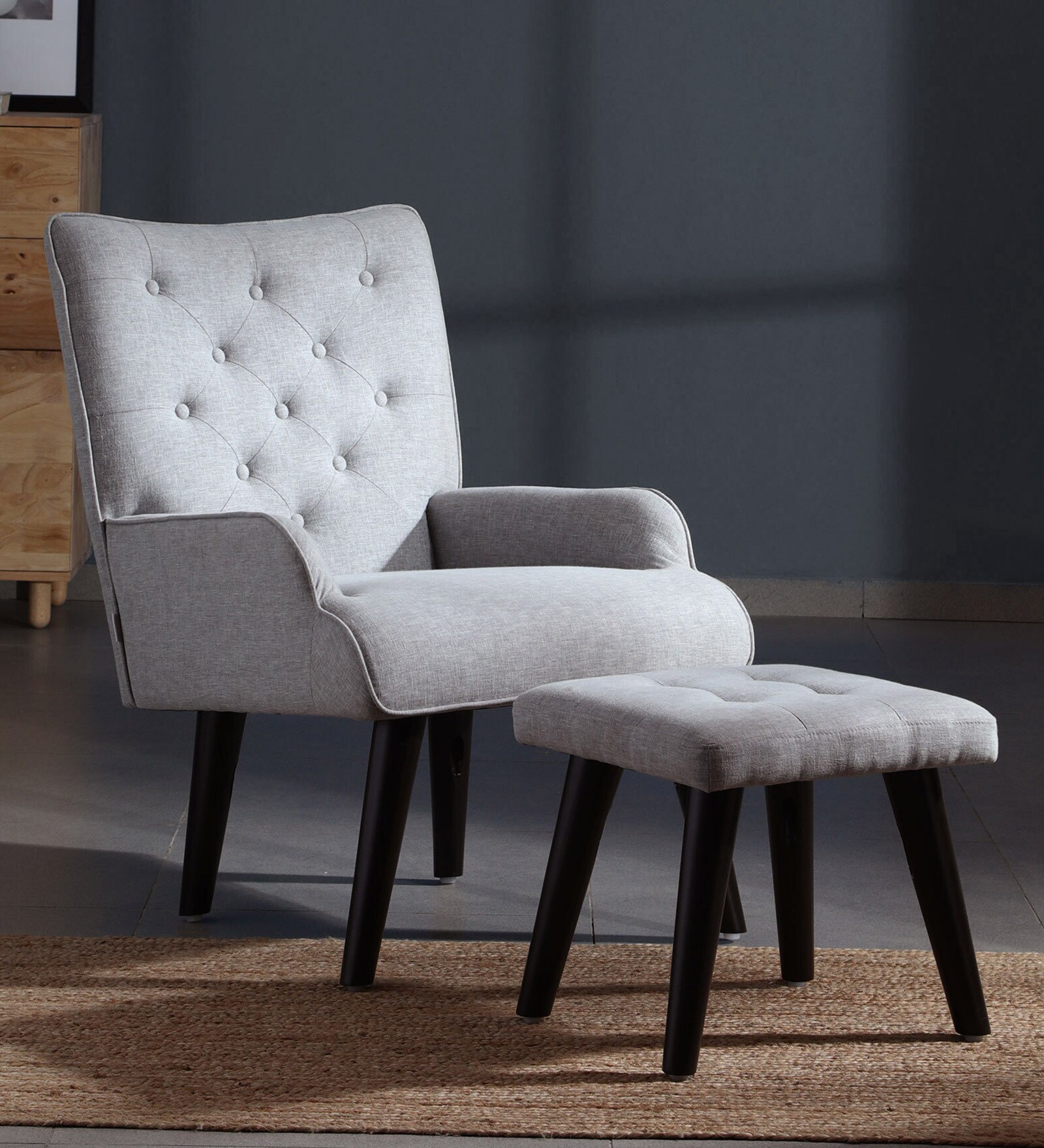 Toledo Velvet Full Back Lounge Chair In Ash Grey Colour With Foot Stool