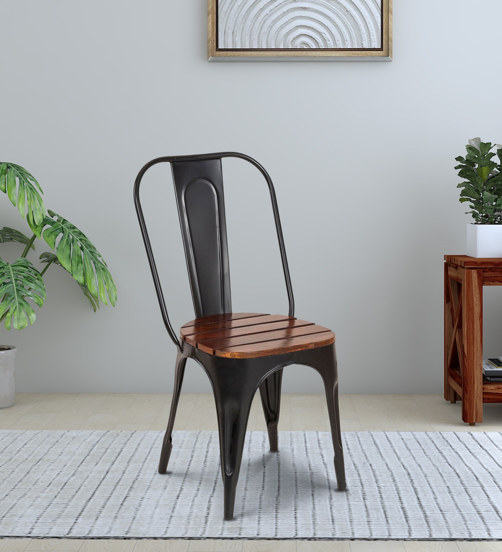 Buy Tolix Metal Iconic Chairs in Matte Black & Brown Colour Set Of 2 at