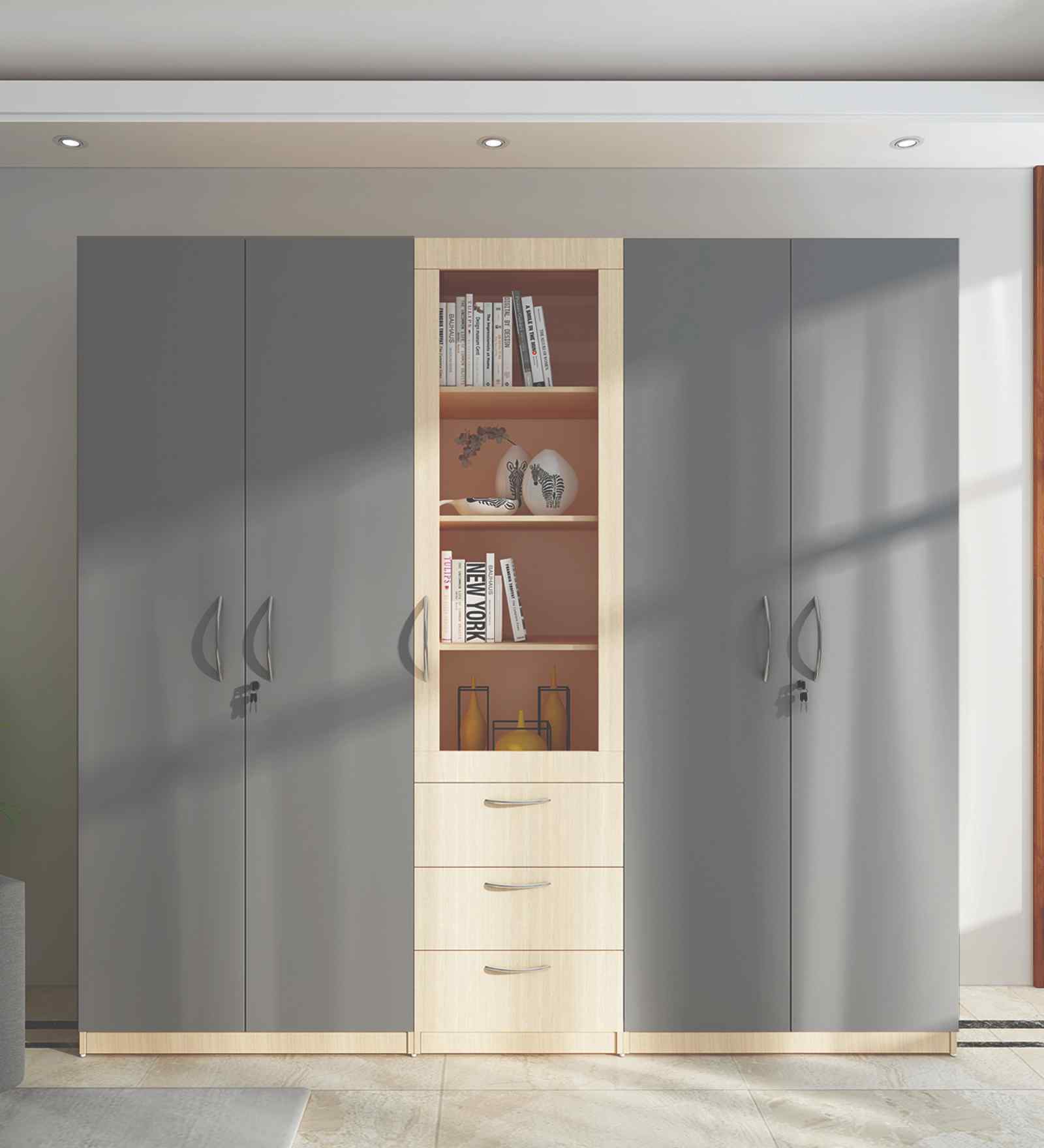 TomeTrove 4 Door Wardrobe In Grey and Beige Teak Finish TomeTrove 4 Door Wardrobe In Grey and Beige Teak Finish